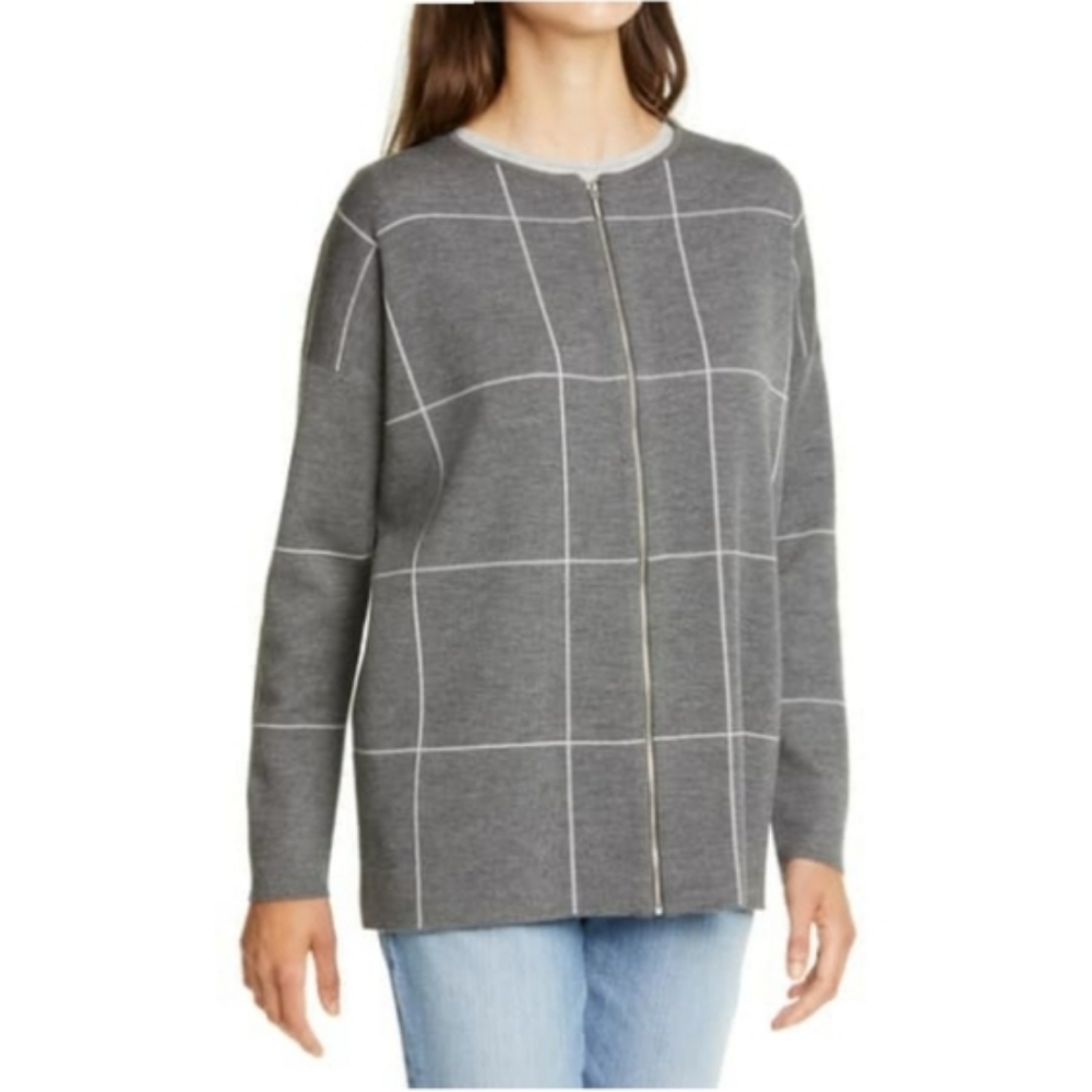 Eileen Fisher Merino Wool Windowpane Zip Cardigan Sweater